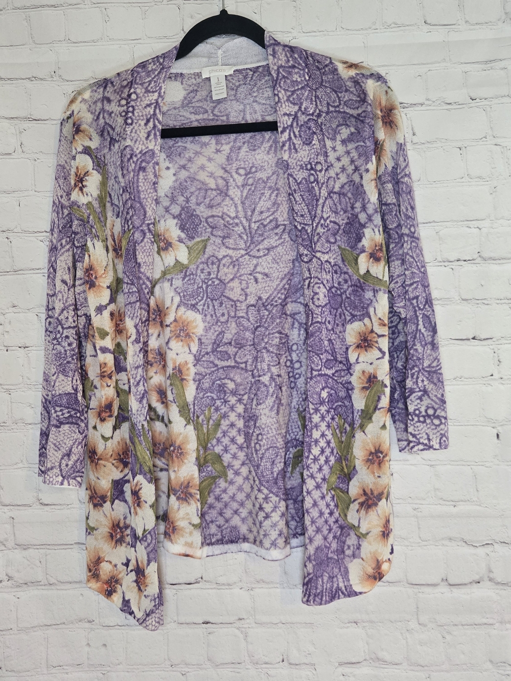 Chico's Lightweight Purple Floral‎ Open Cardigan CottageCore Boho Fairy Artsy M